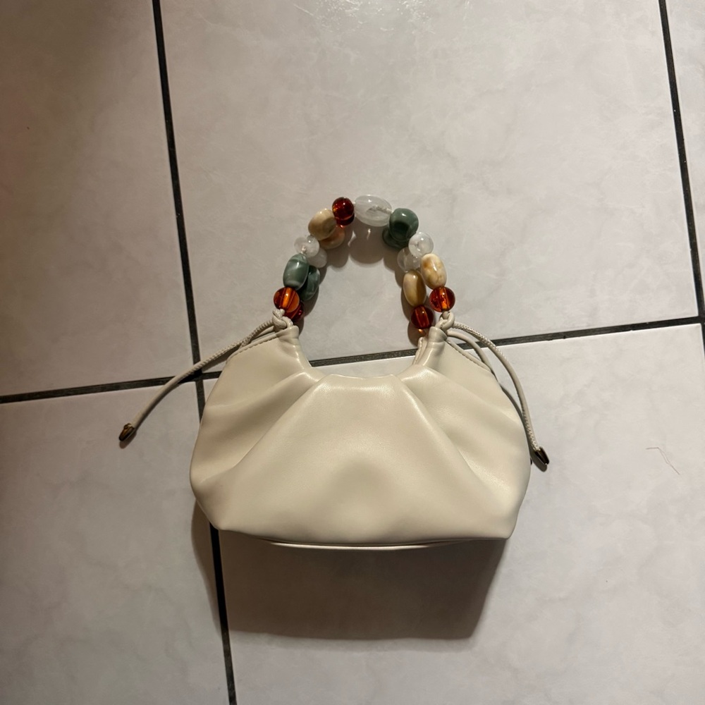 Zara Cream Shoulder Bag with Multicolor Beaded Handle